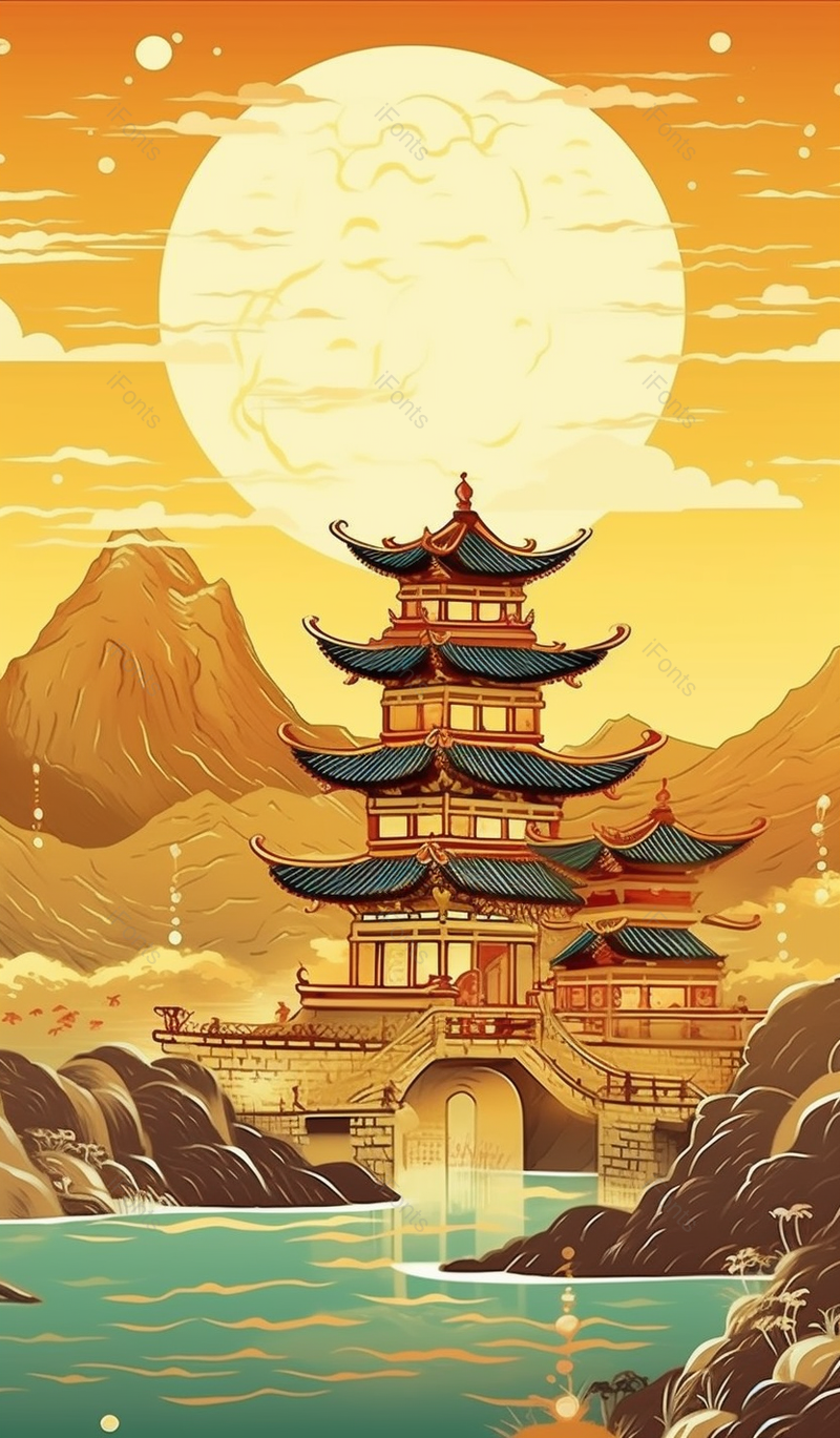 中国风山水建筑日出日出时分的太阳背景古风建筑高塔寺庙平静的湖泊波光粼粼,插画/手绘图,插画/手绘图库,插画/手绘图下载,插画/手绘